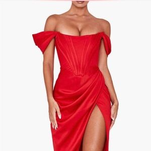 House of CB Loretta Off-the-Shoulder Satin Corset Dress NWT